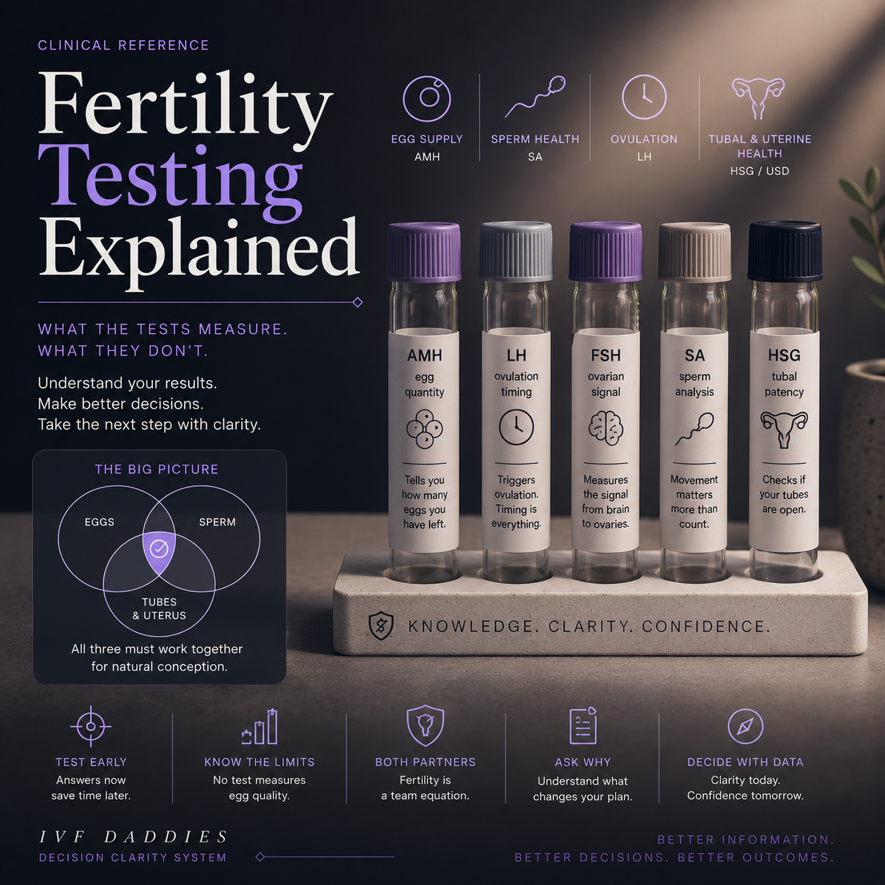 Fertility Testing Explained — AMH, LH, FSH, SA, HSG clinical reference