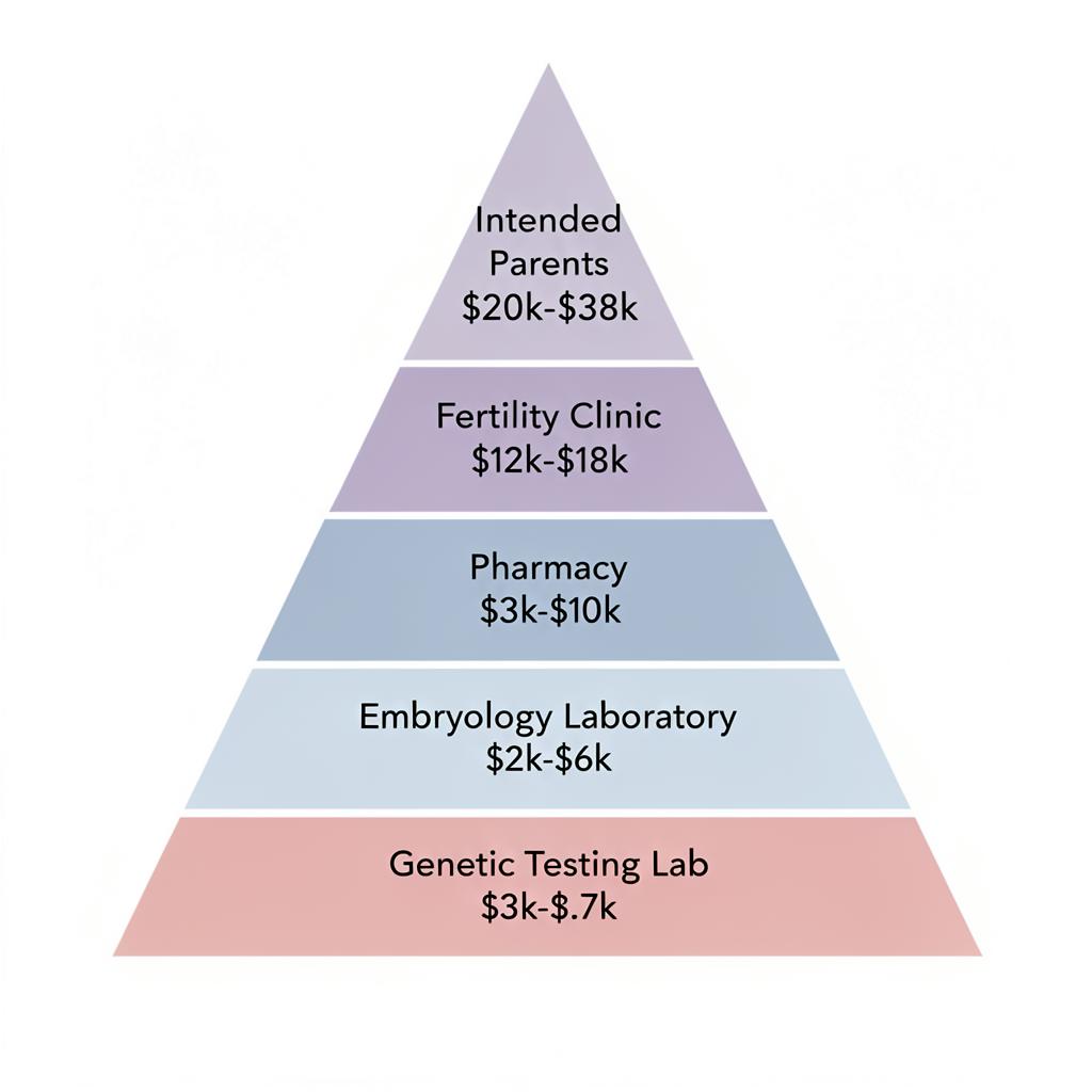 IVF Money Flow Pyramid showing how payments flow from intended parents to fertility clinics, pharmacies, embryology laboratories, and genetic testing labs